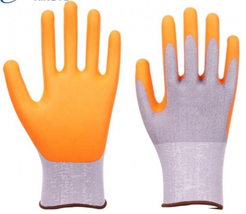 Guantes de mano recubiertos de espuma de nitrilo naranja resistentes a cortes de HPPE