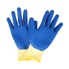 Guantes arrugados de látex de algodón de poliéster amarillo 10G Guantes de productos de mano de seguridad industrialrolíferos